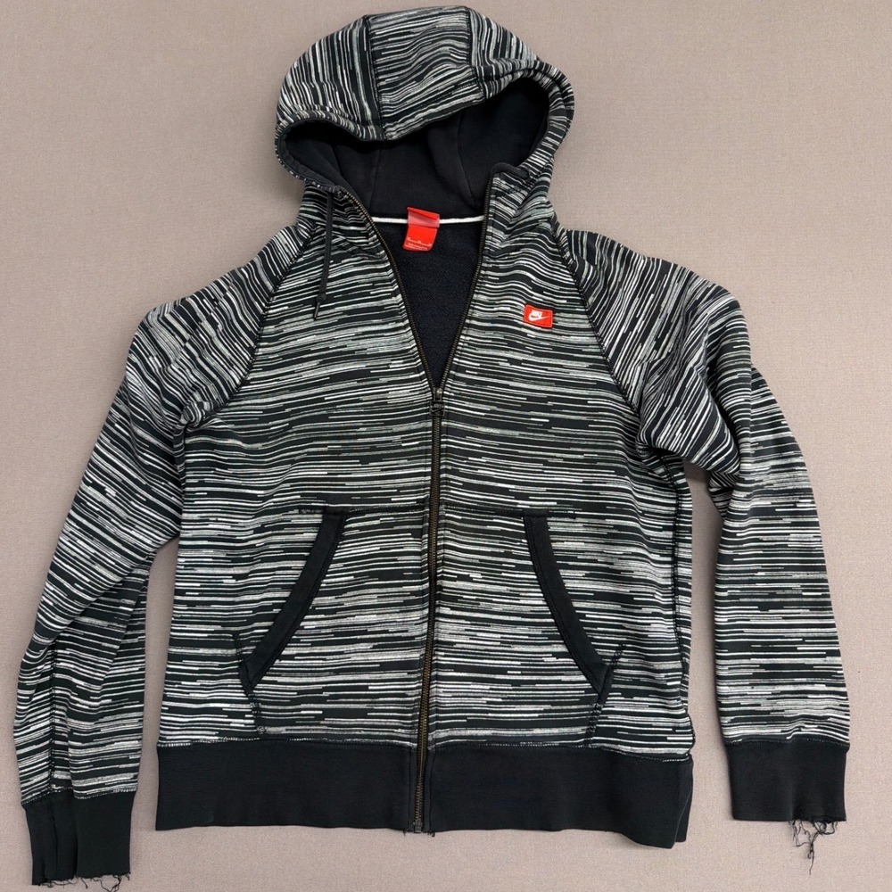Nike Mens Full Zip Hoodie Black White Static Glitch Pattern Fleece Jacket Size M